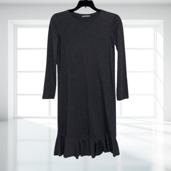 Zara Trafaluc Gray Long Sleeve Ruffle Hem Shift Dress | Cotton Blend Casual Comf - Picture 2 of 10